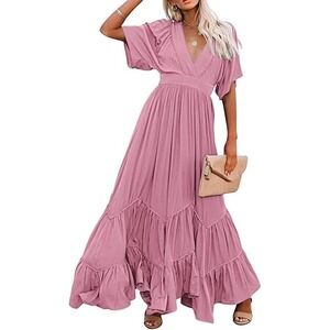 Chartou Women's 100% Rayon Boho Ruffle Sleeve Tiered Maxi Dress - Pink - L